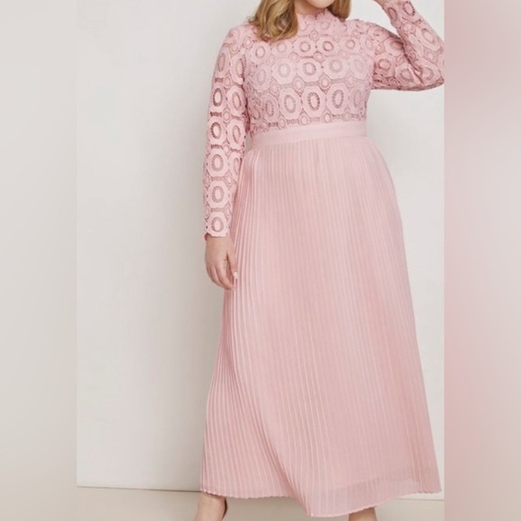 Eloquii Dresses & Skirts - Eloquii Pink Long Sleeve Lace & Pleated Maxi Dress